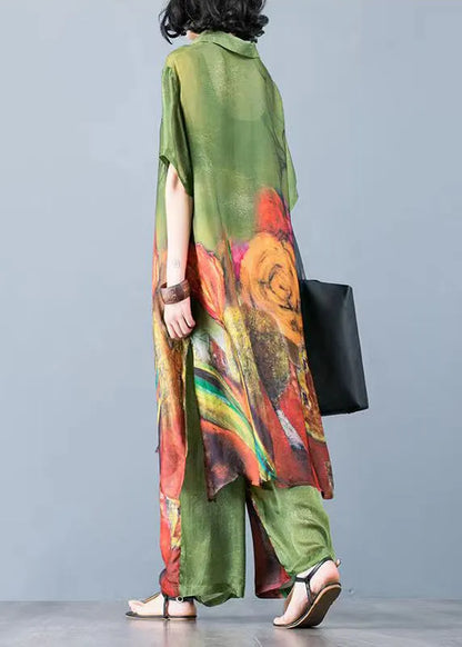 Italian Green Print Satin Shirt Dress and Pants Two Piece Set Short Sleeve