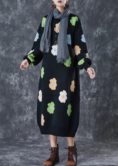 Stylish Black Oversized Knit Long Dress Fall
