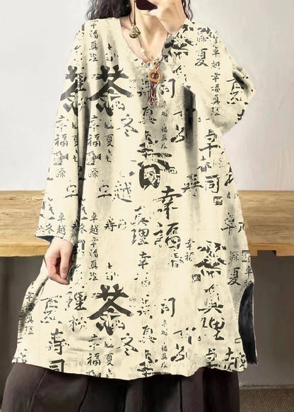 Black Text V Neck Embroidered Patchwork Linen Mid Dresses Fall