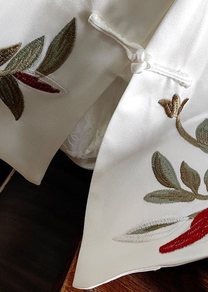 White Stand Collar Chinese Button Print Silk Tops Spring