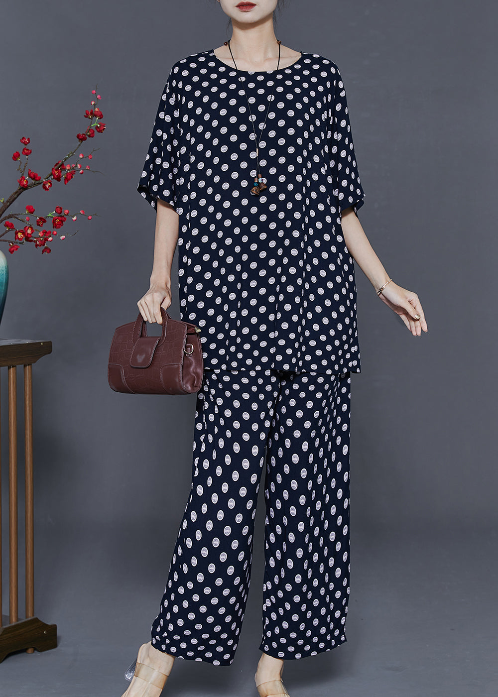 Black Round Dot Print Cotton Two-piece Set Oversized Summer