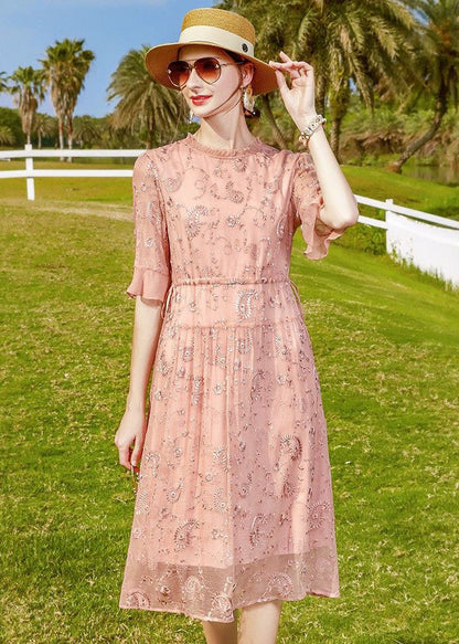 Pink Ruffled Embroideried Tie Waist Silk Cinch Dress Half Sleeve Summer
