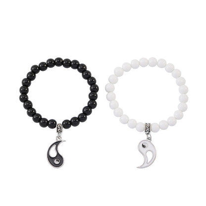 Buddha Stones 2pcs Black Onyx White Turquoise Bead Yin Yang Protection Couple Bracelet