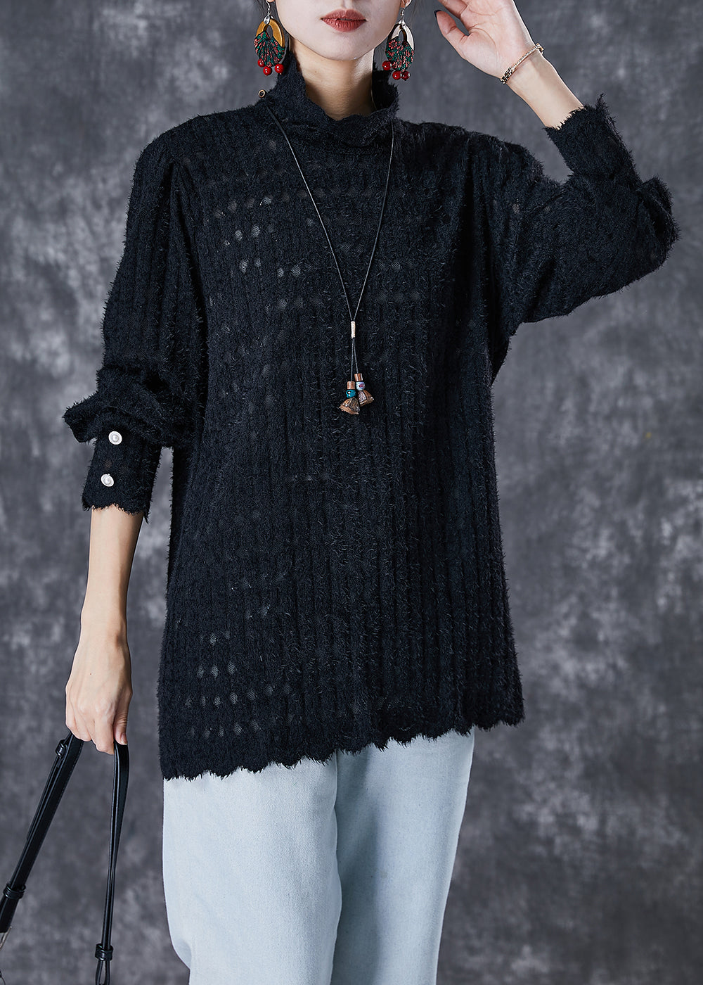 Black Turtle Neck Knit Shirt Tops Fall