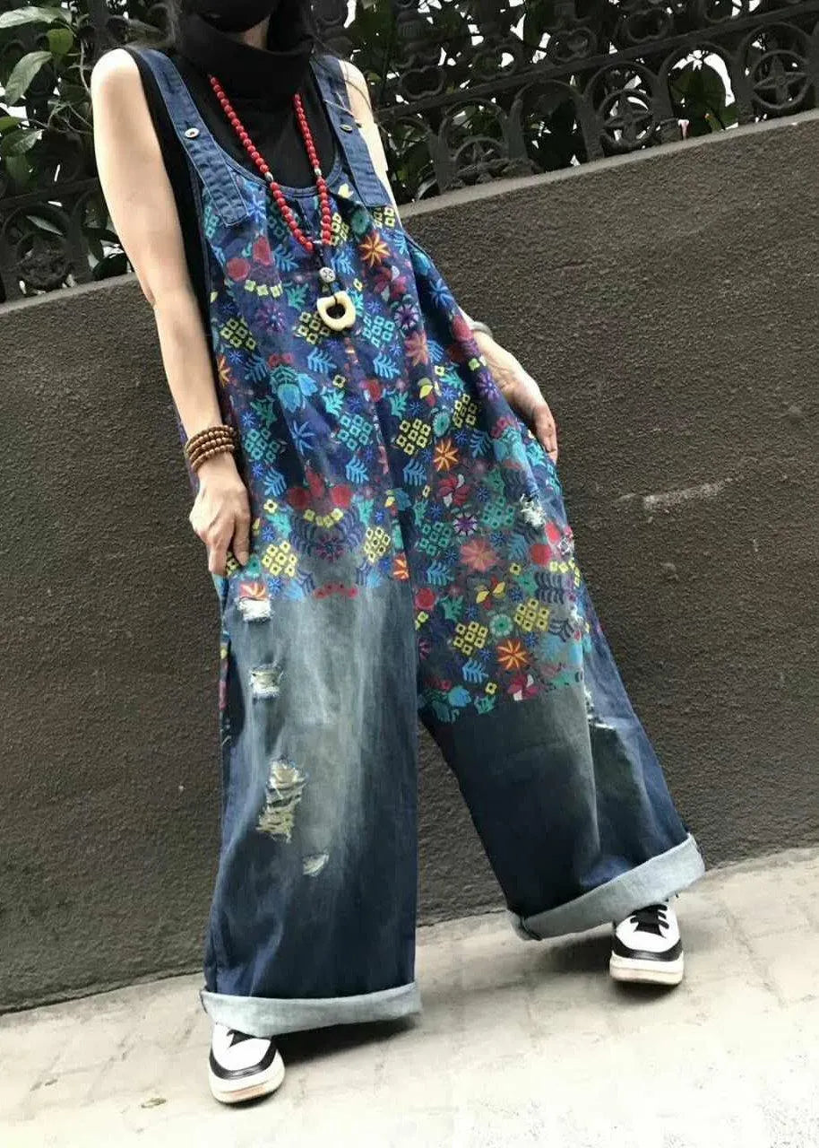 Boutique Print Blue Jeans Overall Jumpsuit