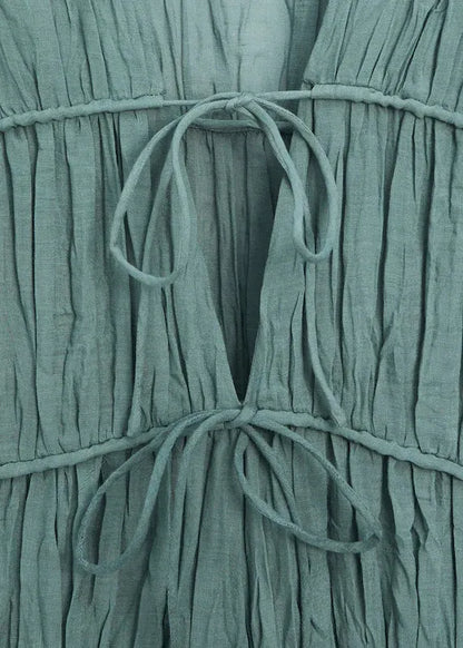 Blue V Neck Wrinkled Lace Up Cotton Long Dresses Summer