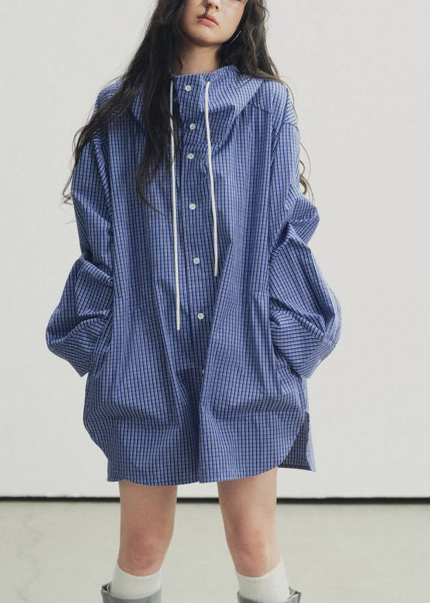 Blue Plaid Drawstring Button Hooded Shirt Lantern Sleeve