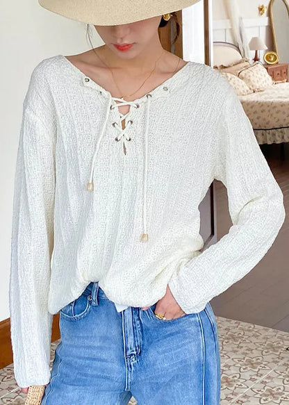 Beige Lace Up Thin Knit Top Spring