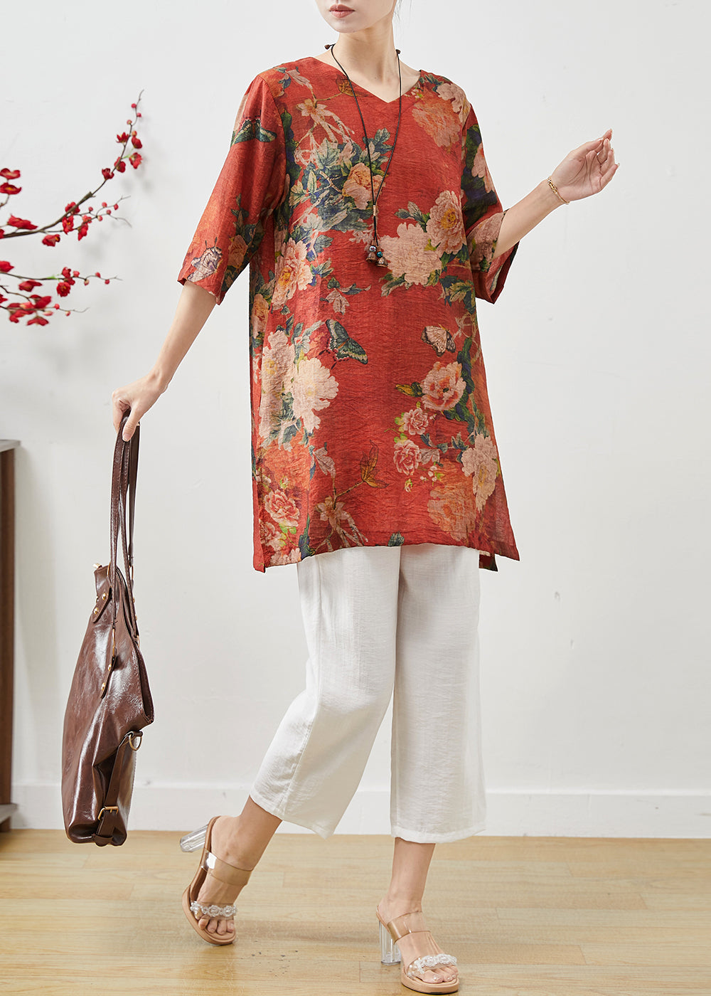 Red Oversized Print Linen Two-piece Set Summer