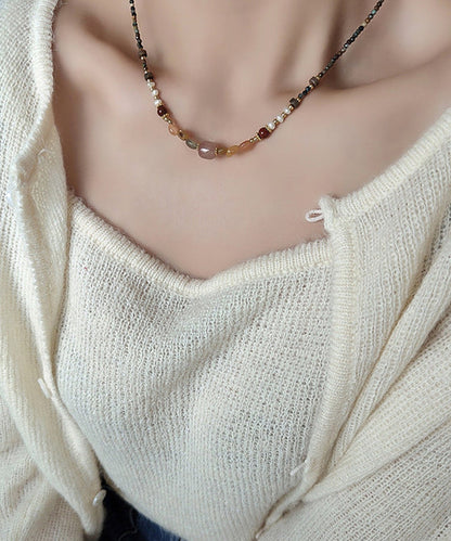 Retro Rainbow Alloy Pearl Natural Stone Beading Gratuated Bead Necklace