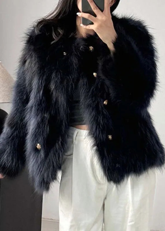 Style Navy O Neck Double Breast Leather and Fur Coat Winter