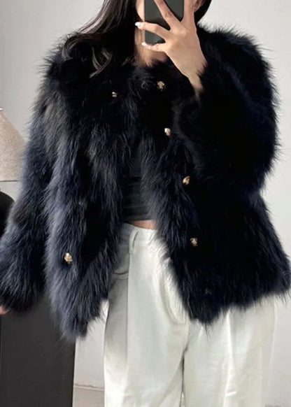Style Navy O Neck Double Breast Leather and Fur Coat Winter