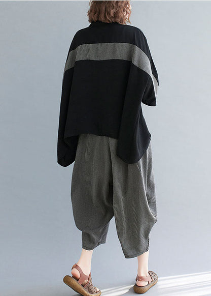 Black Striped Patchwork Stand Collar Tops and Pants Cotton Two Pieces Set Summer