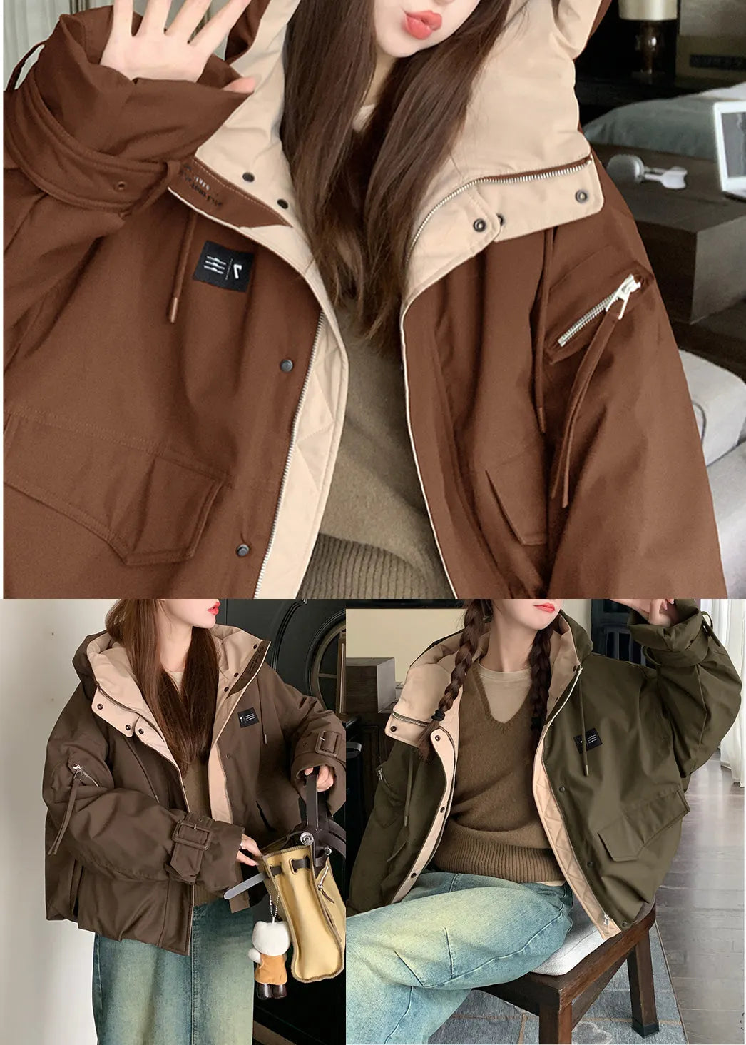 French Caramel Oversized Pockets Fine Cotton Filled Puffer Jacket Winter