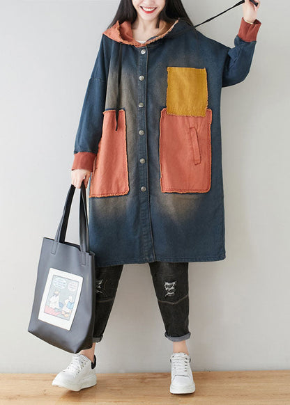 Blue Pockets Patchwork Hooded Coats Spring