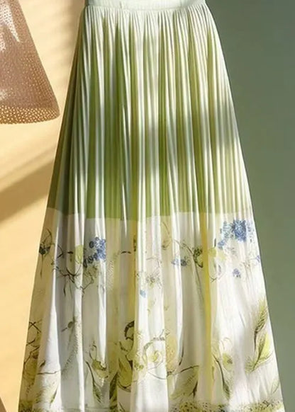 Chinese Style Green Print High Waist Cotton Pleated Skirt Spring