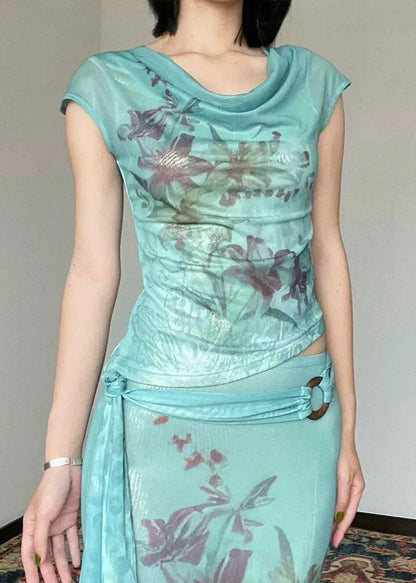 Slim Fit Green Print Tulle Top and Maxi Skirts Two Pieces Set Sleeveless Summer