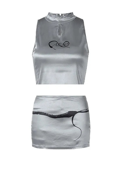Silver O-neck Tank and Skirts Satin Two Pieces Set Summer