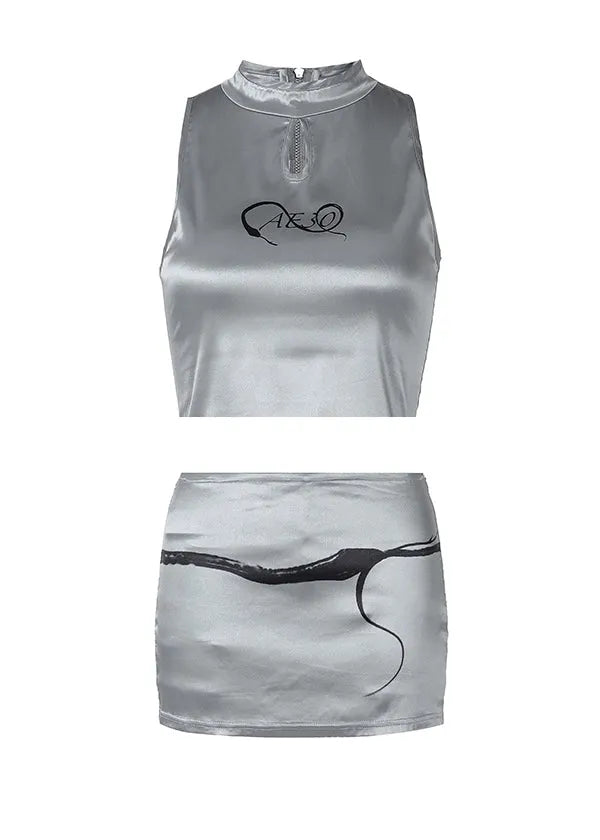 Silver O-neck Tank and Skirts Satin Two Pieces Set Summer
