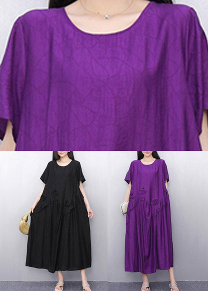 Black O-neck Cotton Long Dress Short Sleeve Summer
