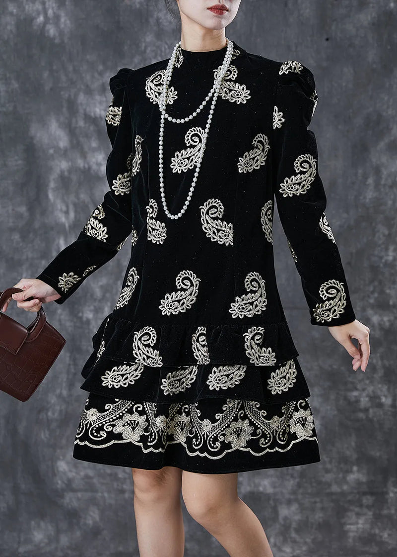 Classy Black Ruffled Print Silk Velour Mini Dress Puff Sleeve