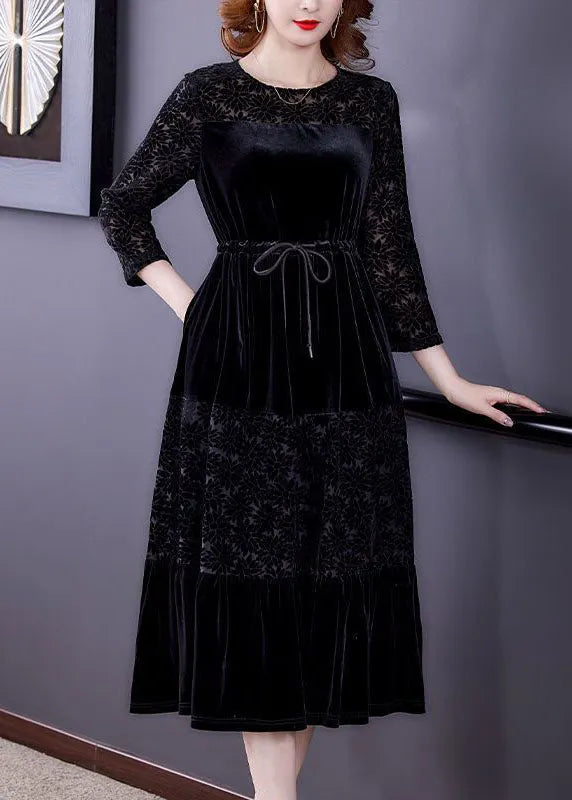Black O-neck Patchwork Tie Waist Silk Velour Dress Bracelet Sleeve