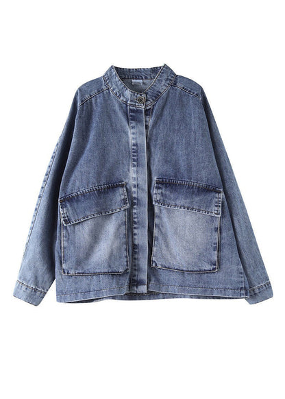 Blue Stand Collar Patchwork Button Denim Coats Long Sleeve