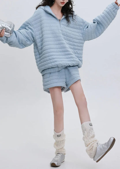 Italian Blue Hooded Striped Fine Cotton Filled Two Piece Set Winter