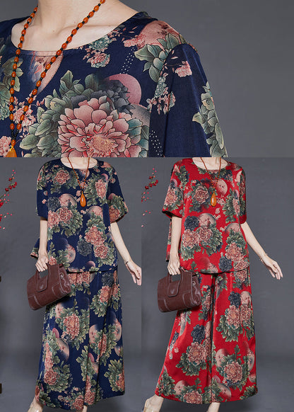 Navy Oversized Print Silk Two Pieces Set Summer
