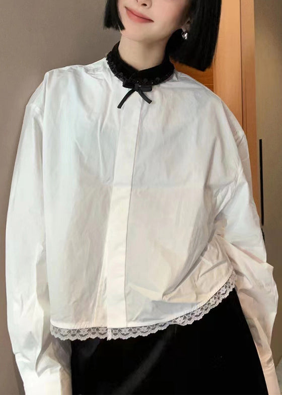 French White Lace Patchwork Cotton Blouse Long Sleeve