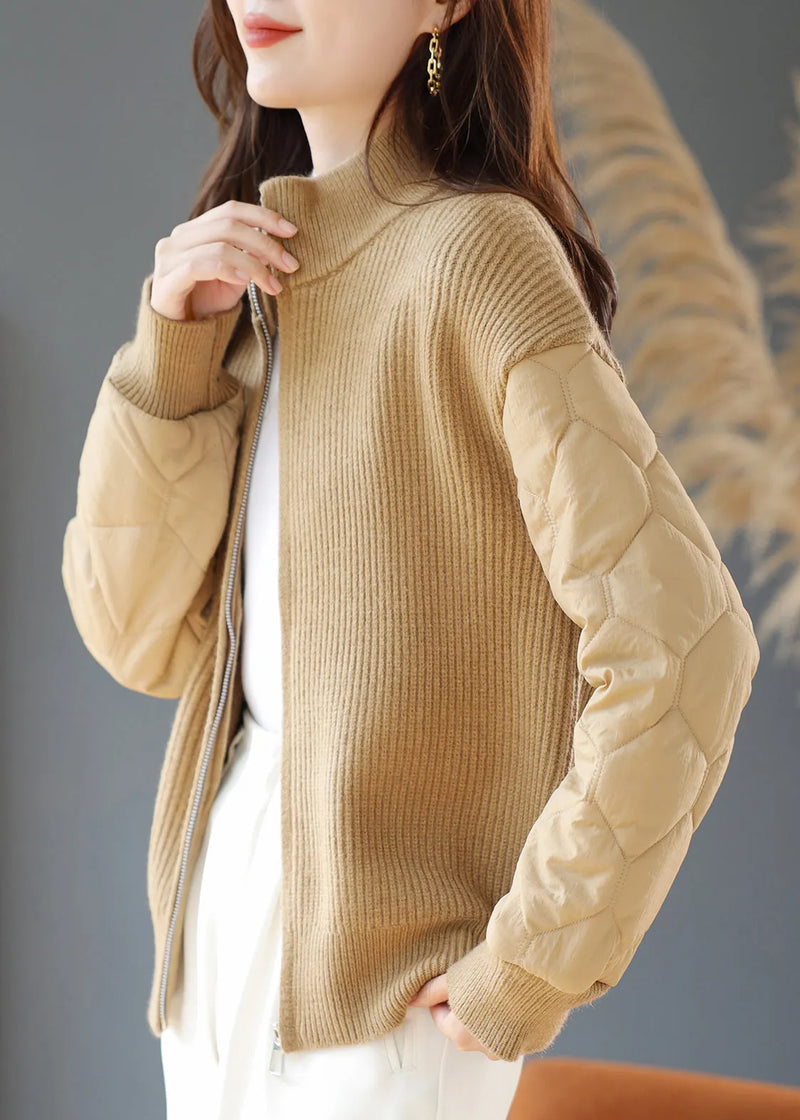 Fitted Khaki Zip Up Patchwork Knit Sets 2 Pieces Winter