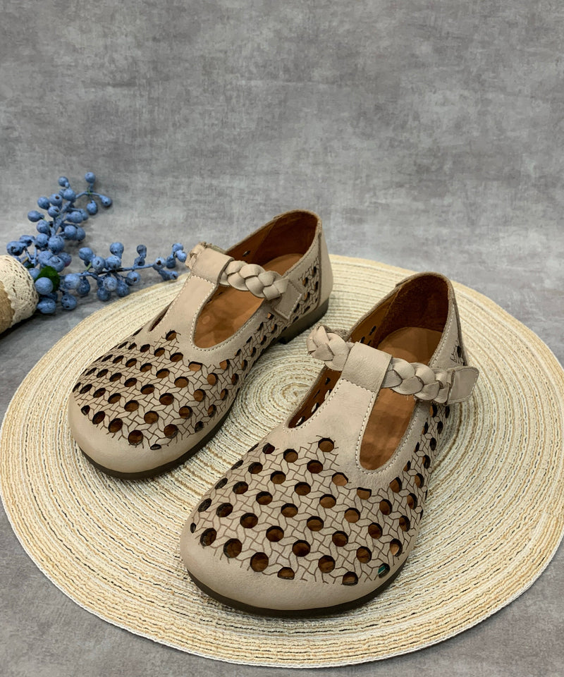 Comfy Beige Flat Shoes Hollow Out Cowhide Leather