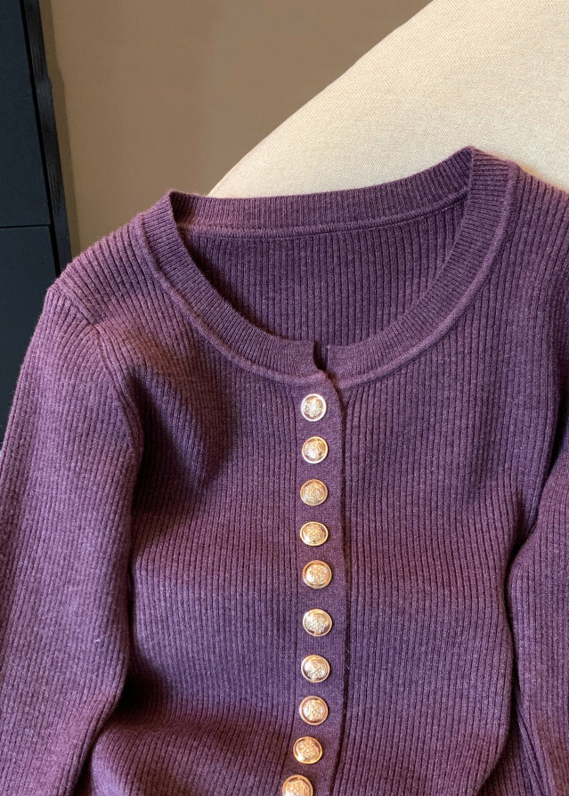 Purple Button Fluffy Patchwork Knit Sweater O Neck Spring