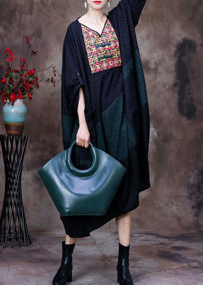 Black V Neck Embroideried Patchwork Wrinkled Silk Dresses Long Sleeve