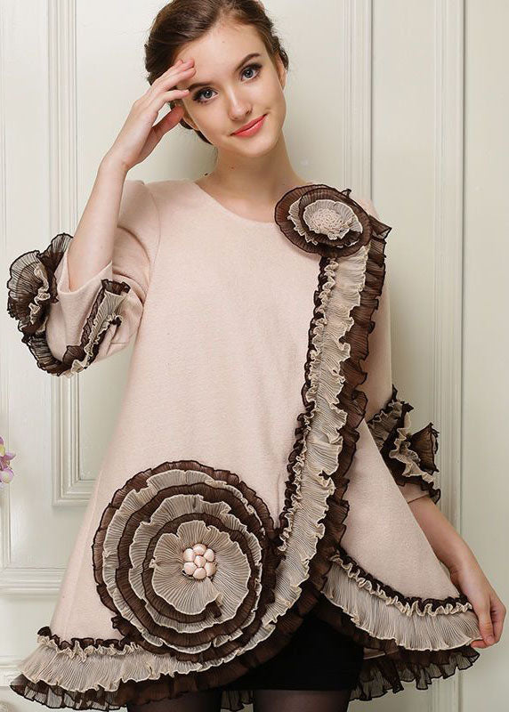 Apricot Patchwork Woolen Coats Ruffled Nail Bead Spring