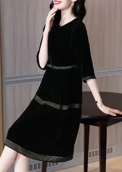 Black O-neck Patchwork Silk Velour Dresses Half Sleeve Fall