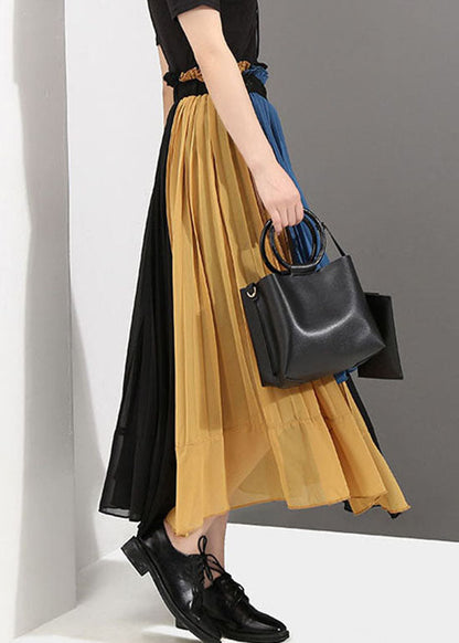 Colorblock Elastic Waist Patchwork Chiffon Pleated Skirt Spring