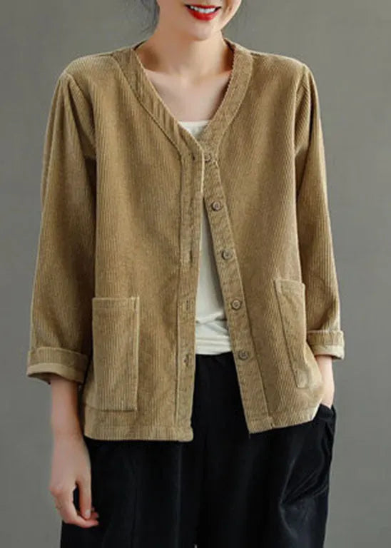 Khaki V Neck Pockets Button Corduroy Coats Long Sleeve