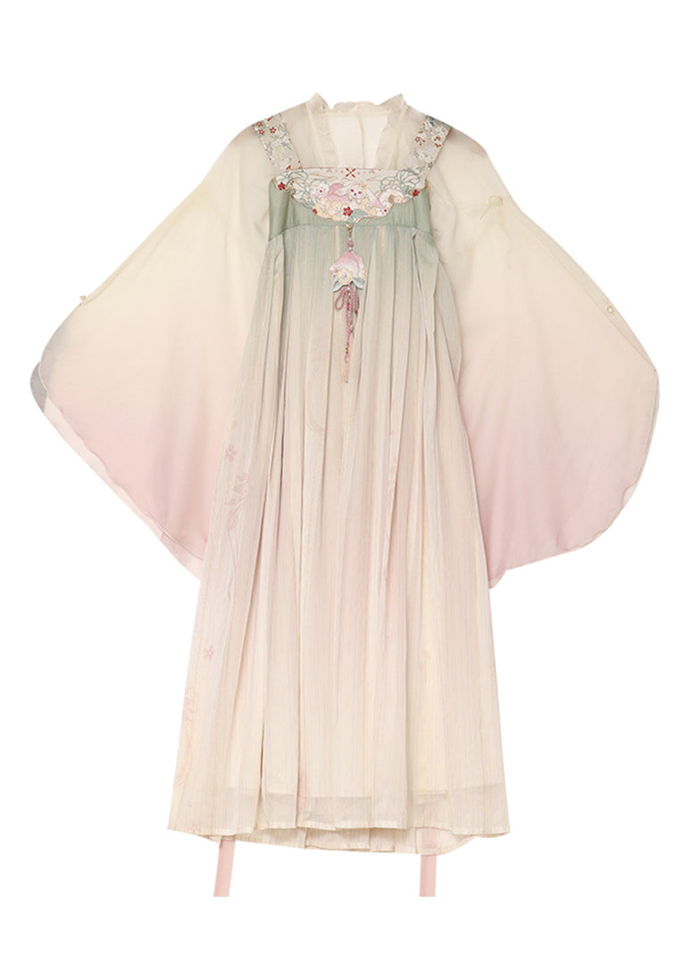 Gradient Color Ruffled Embroideried Lace Up Chiffon Two Pieces Set Fall