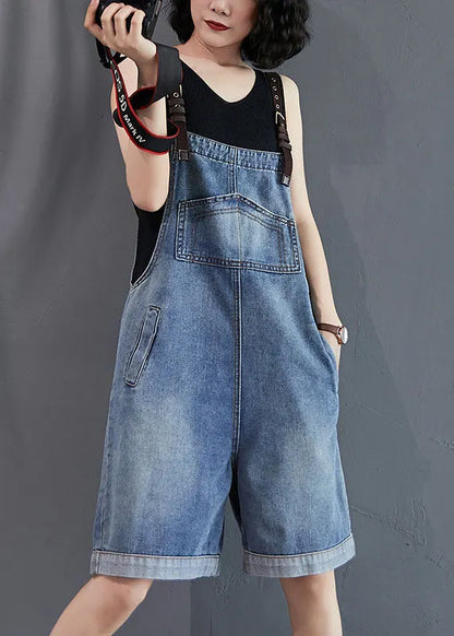 French Blue Pockets Denim Overalls Jumpsuit Summer