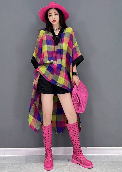 V Neck Asymmetrical Low High Design Plaid Dress Long Sleeve