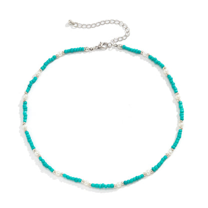 Simple Blue Fresh Style Bead Woven Necklace Versatile