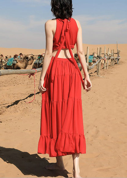 Red Embroidered Lace Up Chiffon Long Dress Sleeveless