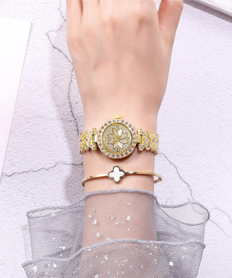 Style Rose Gold Stainless Steel Zircon Starry Sky Watch and Bracelet Two Piece Set
