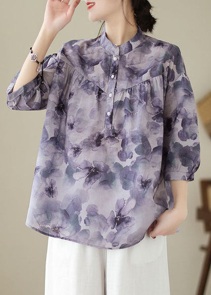 Purple Stand Collar Print Patchwork Cotton Shirt Tops Summer