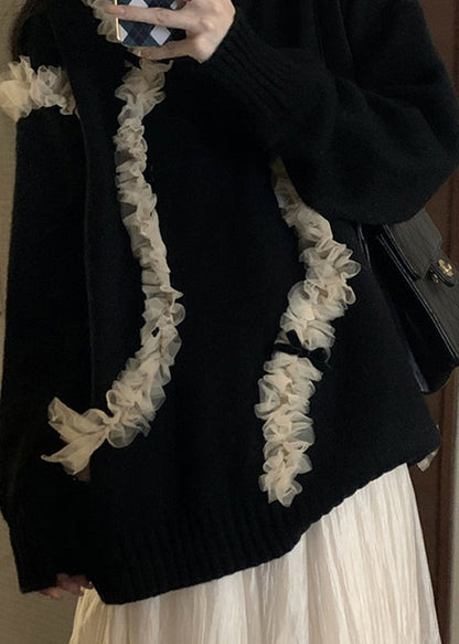 Organic Black O-neck Tulle Patchwork Thick Knit Sweaters Fall