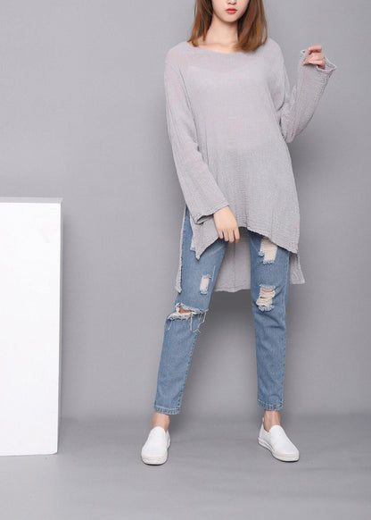 Gray U Neck Low High Design Linen Shirts Spring