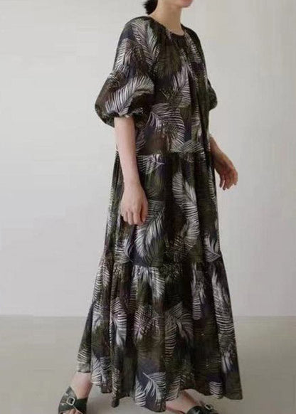 Black O-neck Print Long Dress Short Sleeve