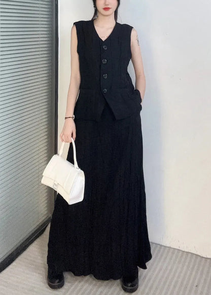 Black Waistcoat and Maxi Skirts Two Piece Set V Neck Sleeveless