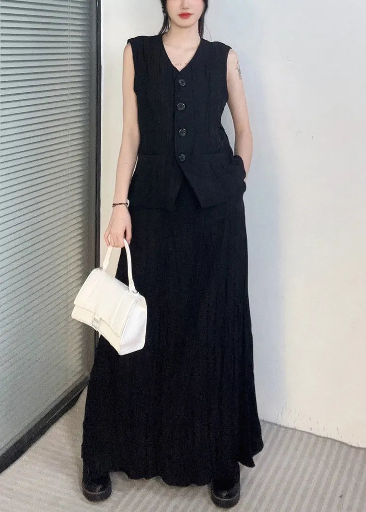 Black Waistcoat and Maxi Skirts Two Piece Set V Neck Sleeveless